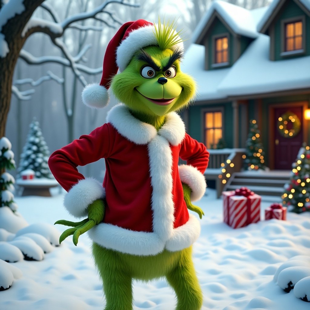 The Grinch wears a Santa outfit in a snowy setting. Green skin and playful demeanor. Cozy house with festive decor in the background. Wrapped gifts create a holiday atmosphere. Writing The Wood’s in the snow.