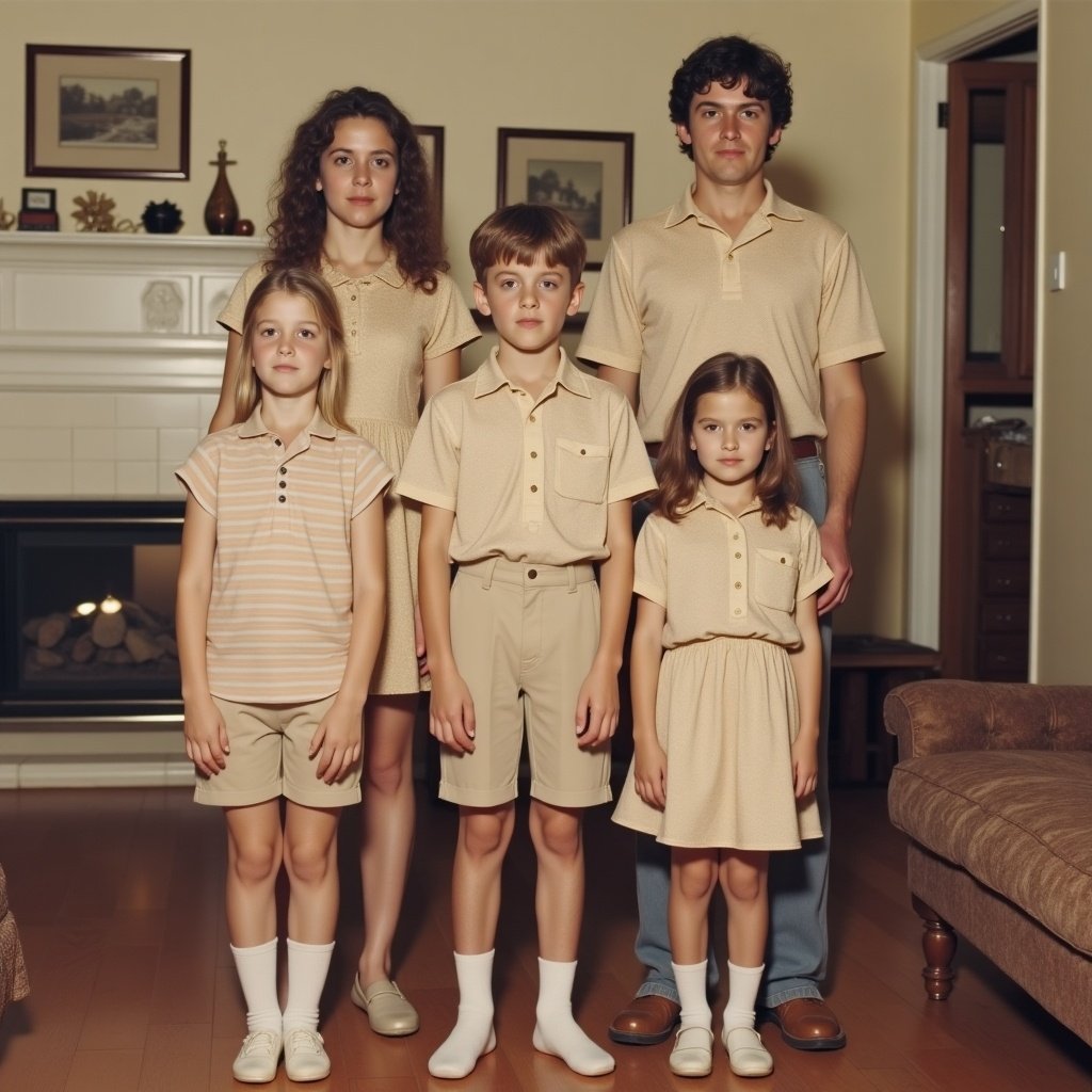 Awkward family photo from the 1980s with vintage aesthetic featuring a family of five. Three siblings including a 27-year-old daughter, a 23-year-old son, and a 7-year-old daughter. All family members wear matching clothing.