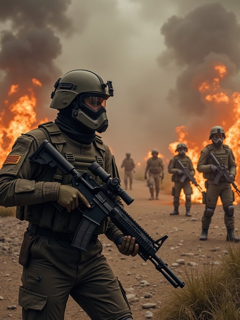 Dramatic scene of a war zone with armed soldiers in tactical gear and explosions in the background. A soldier is prominently holding an assault rifle with action-packed atmosphere.