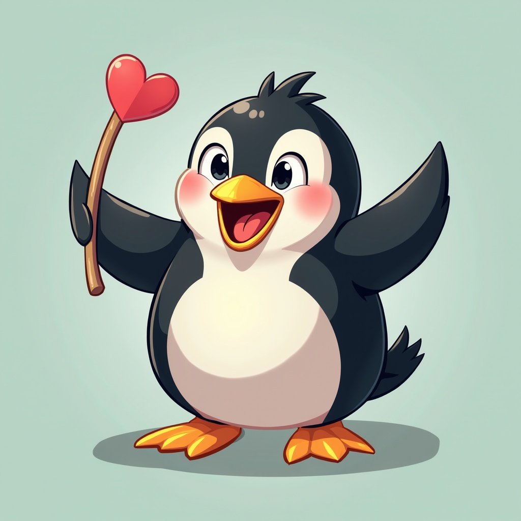 A cute cartoon penguin character is smiling. The penguin holds a heart-shaped object with one flipper. The background is light blue, and the penguin has a black and white body with orange feet. It appears playful and cheerful.