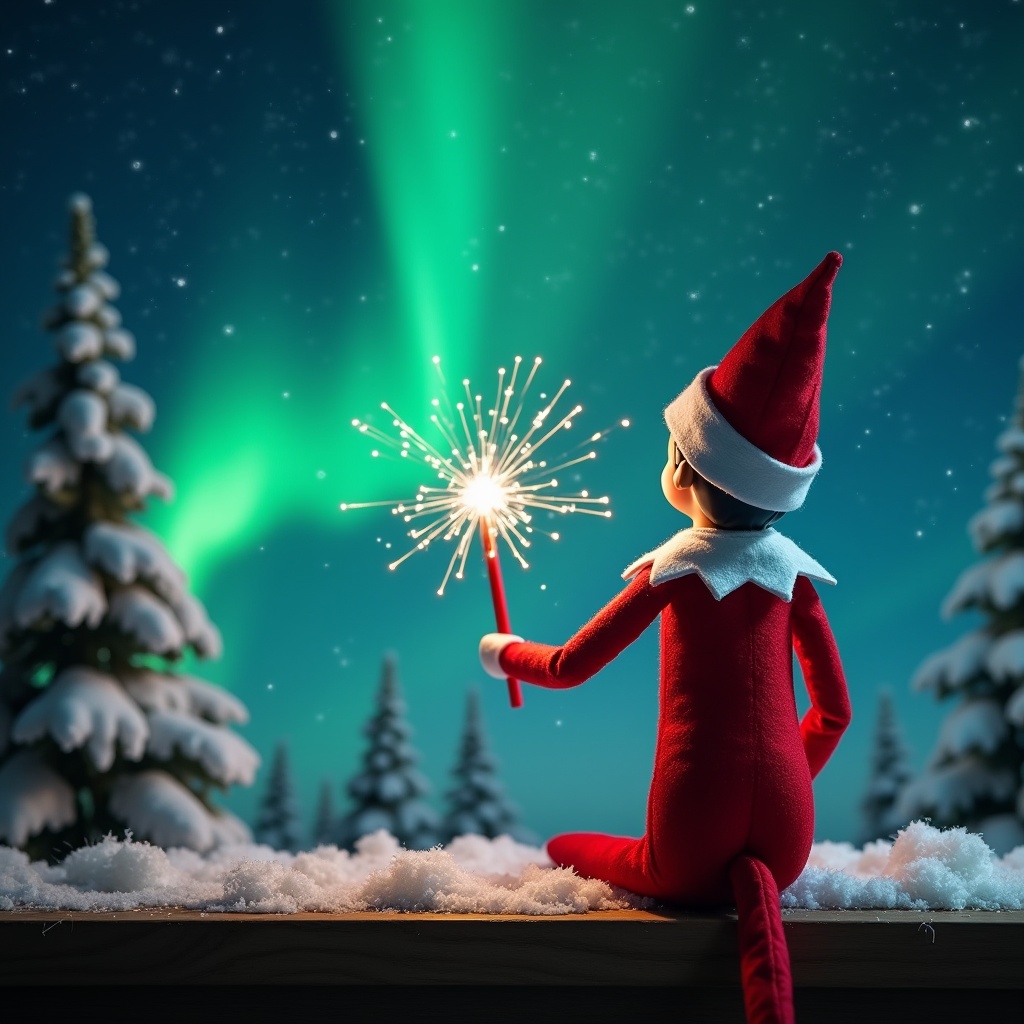 The image features a charming scene of an Elf on the Shelf with its back to the viewer. This whimsical elf is sitting on a snowy ledge, gazing up at a beautiful night sky filled with vibrant northern lights. In one hand, the elf holds a wand, with which it appears to be writing the name 'Mason' in the sky. The surroundings are adorned with snow-covered trees, adding to the magical Christmas atmosphere. In the background, soft glows from the lights illuminate the scene, making it feel festive and enchanting.