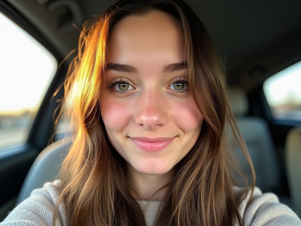 The image shows a young woman with long brown hair and mixed-colored eyes, one green and one brown. She is taking a selfie with natural sunlight illuminating her face, creating a warm glow. The background appears to be the inside of a car, suggesting she might be in transit. Her expression is calm and slightly smiling, conveying a relaxed mood. The soft sunlight enhances her features, making the moment feel candid and intimate.