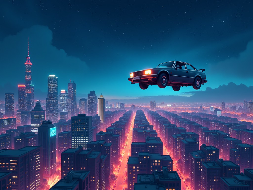 A digital illustration of a car flying above a vibrant city at night. Bright neon lights illuminate the skyline, creating a retrofuturistic atmosphere. The flying car is mid-air, suggesting excitement and adventure. The buildings below are densely packed, showcasing a bustling metropolis. The color palette features striking blues, purples, and pinks, enhancing the nighttime setting with a dreamlike quality.