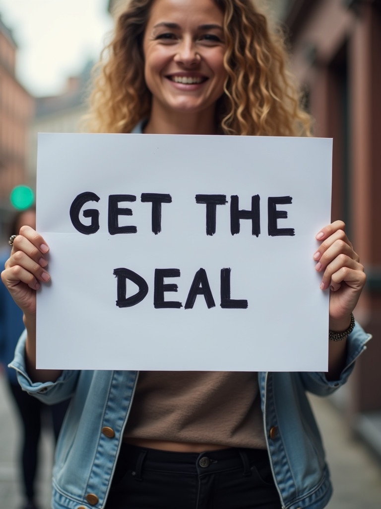 A person holds a sign that says GET THE DEAL. The sign is prominently displayed. The person is in an urban setting. The scene conveys a sense of urgency about the deal. The outfit is casual and relaxed. The background is blurred but shows a street environment.