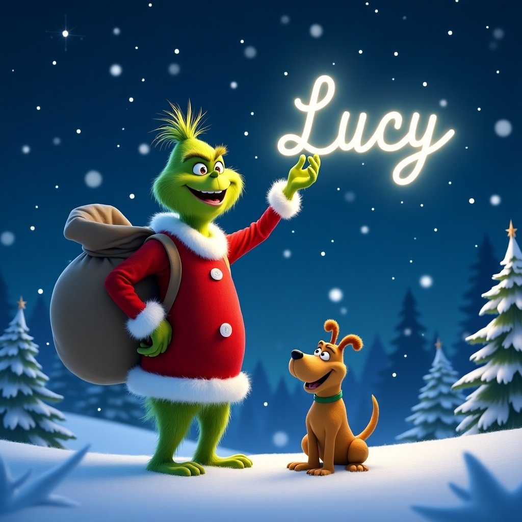 In a charming snowy landscape, a vibrant and cheerful Grinch is seen writing the name 'Lucy' in glowing letters across the night sky. Dressed in a festive red outfit with fluffy white trim, the Grinch carries a large sack over his shoulder. His loyal companion, a friendly dog named Max, stands beside him, looking up with a joyful expression. The background features a deep blue night sky filled with twinkling stars and gently falling snowflakes, while lovely pine trees surround them, enhancing the magical holiday scene.