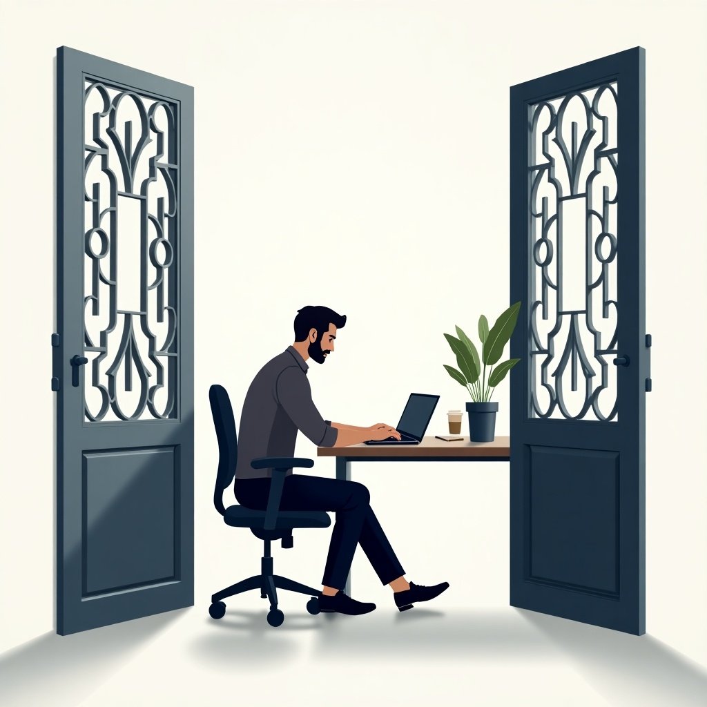 Design features an open gate framing a serene scene. A man seated at a desk, typing on a laptop. Desk includes a coffee cup and a plant. Background neutral to emphasize the composition.