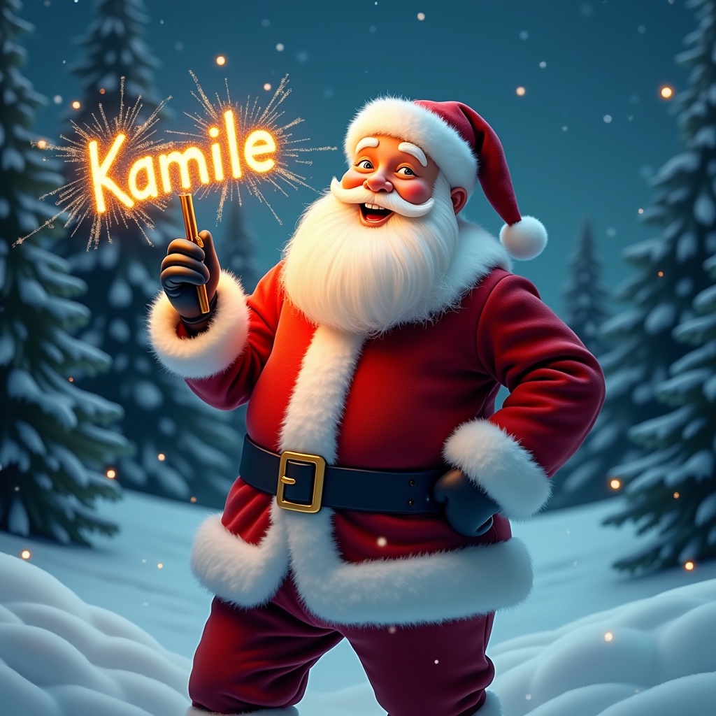 Jolly Santa Claus stands in snowy landscape. He holds a magical wand shining with sparkles that form the name Kamile. Santa wears a red suit with white fur trim and a hat. His eyes twinkle with joy. Background features snowy scene with evergreen trees and a starry night sky. Atmosphere is festive and magical.