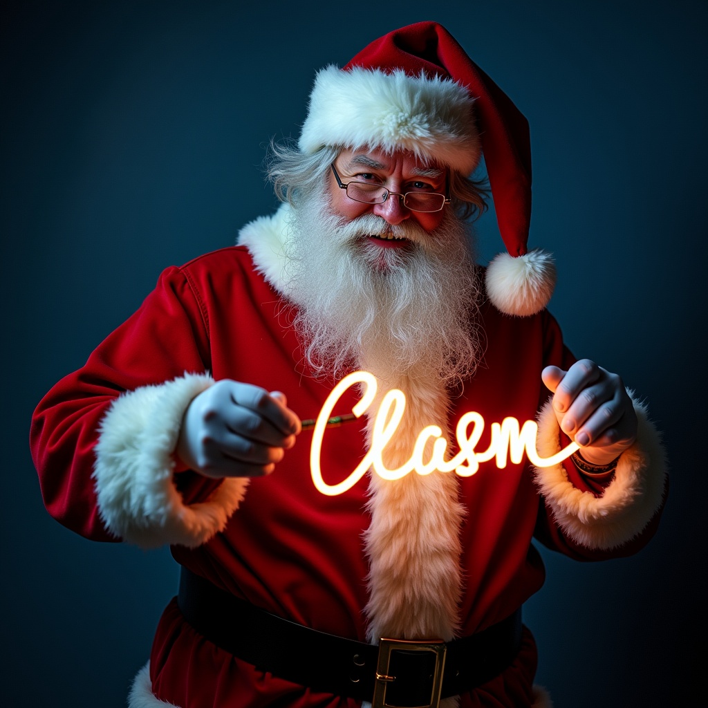 This image features Santa Claus wearing his traditional red and white suit. He is holding a glow stick that forms the name 'Clasm' in bright light. Santa's expression is jolly, exuding warmth and holiday cheer. The background is dark, enhancing the glow of the text. This festive scene captures the magic of Christmas and the joy of the season.