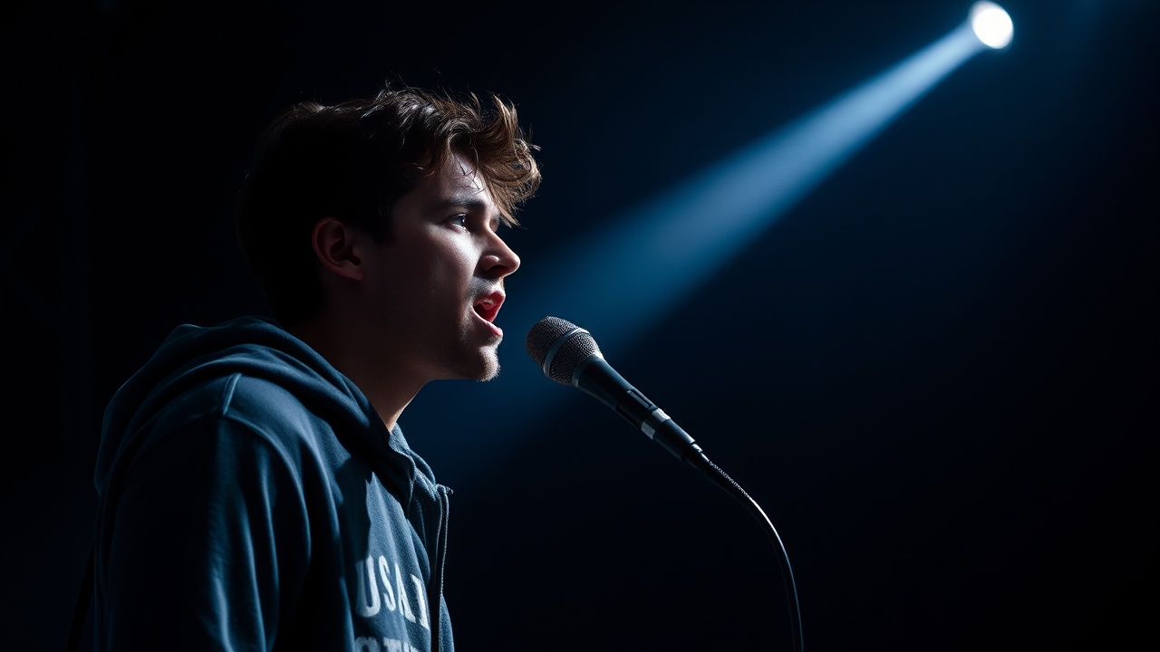 a person standing in dramatic lighting, singing into a microphone on stage