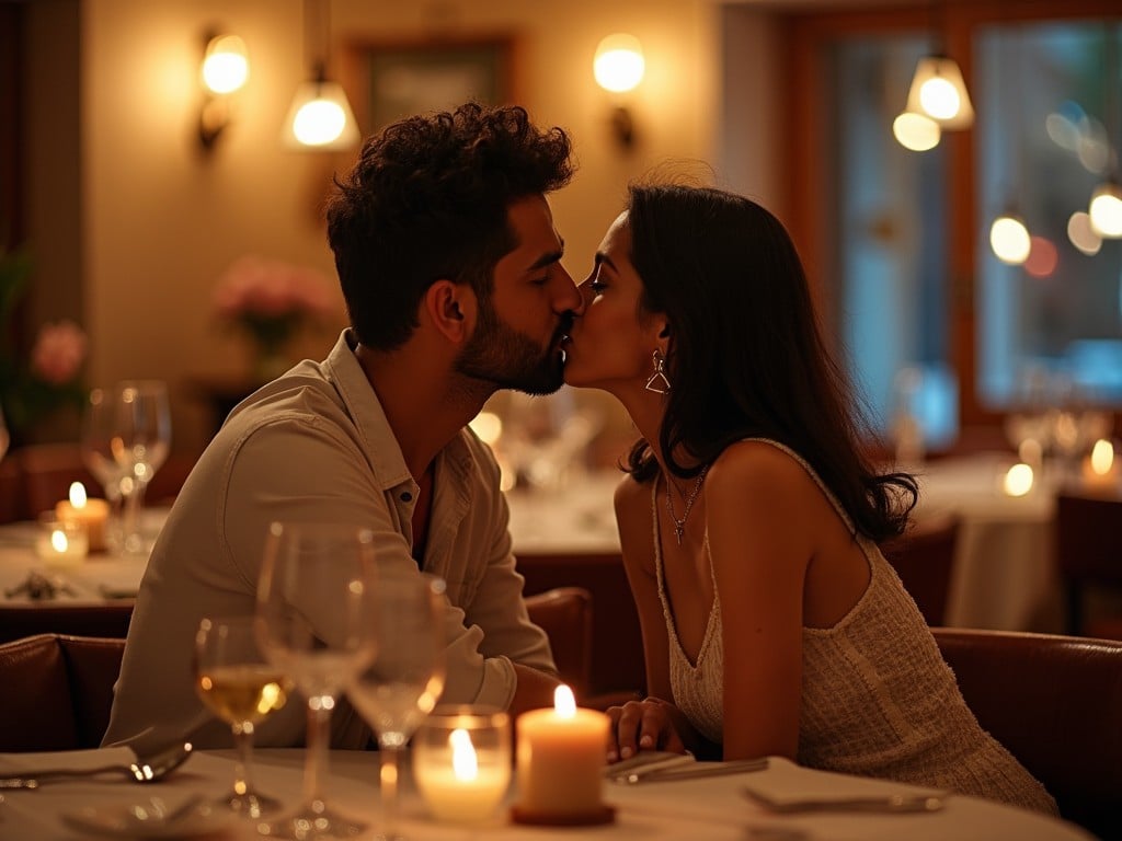 A couple leaning over a candlelit dinner table in a warm, cozy restaurant environment, engaging in a romantic kiss, with soft ambient lighting creating an intimate and loving atmosphere.