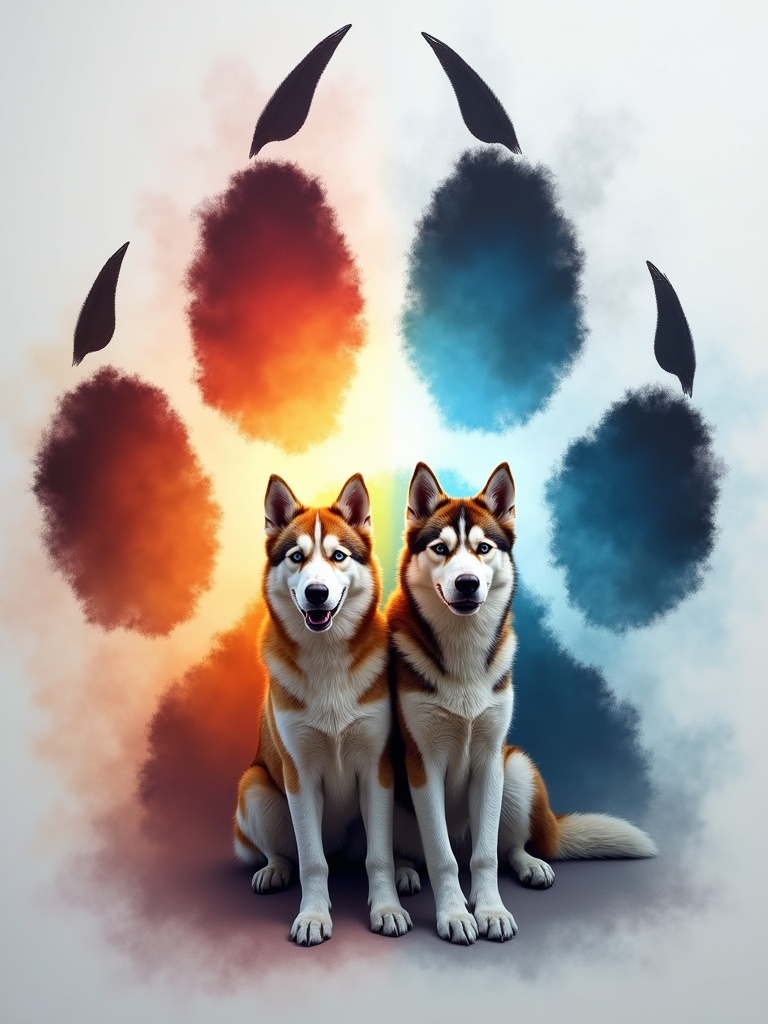 Multicolor double exposure of a large dog paw print with claws. Two light brown and white Siberian husky dogs centered in the paw. Art is photorealistic. Style is airbrush painting. Scene illuminated by deep silver light with a colorful smoke background.