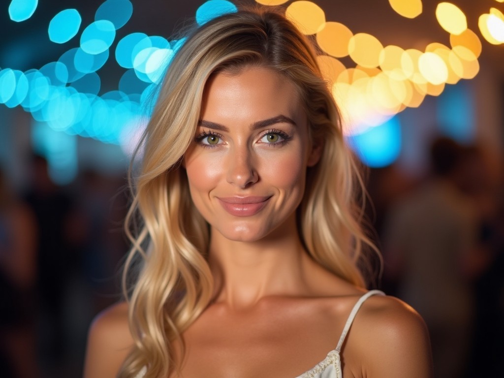 The image depicts a woman with long, straight, blonde hair and green eyes. She is wearing a light-colored dress with thin straps and has a subtle smile. The background is softly lit with bokeh lights in blue and yellow tones, adding a warm ambiance. The woman's expression is confident and inviting, capturing a moment at an event. Her hairstyle frames her face beautifully, enhancing her features.