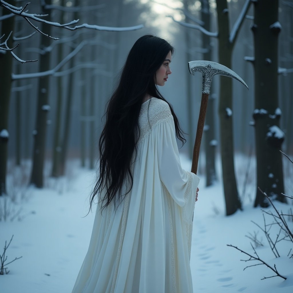 Mara goddess depicted in a winter forest. She has long black hair and wears a white Slavic dress. In her hand, she holds a short silver sickle. The scene is set during a dark evening with soft mist.