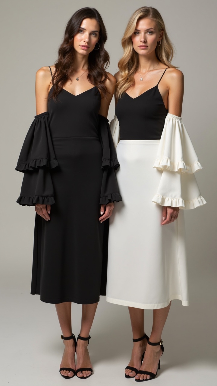 Two women standing side by side, one in a black dress and the other in a white dress, displaying contrasting fashion styles with ruffled sleeves.