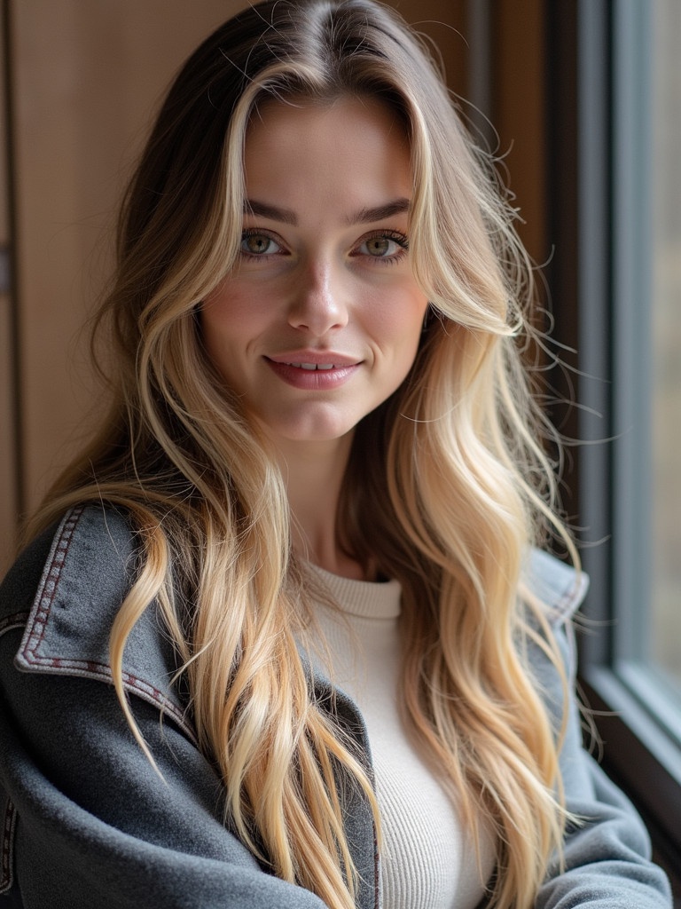 A woman with long wavy hair is seated by a window. She is wearing a casual outfit. The natural light enhances her hairstyle and the serene atmosphere of the room.