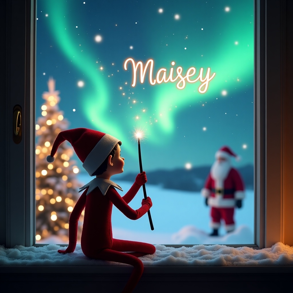 An enchanting Christmas scene features an elf on the shelf with his back to the viewer, gazing up at a magical sky. The elf is using a wand to elegantly write the names 'Maisey' in the air. In the background, the landscape is illuminated by beautiful northern lights and adorned with a Christmas tree sparkling with lights. Santa Claus is visible in the distance, creating a whimsical and festive atmosphere. Snow gently covers the window ledge, adding to the cozy feel of the scene.