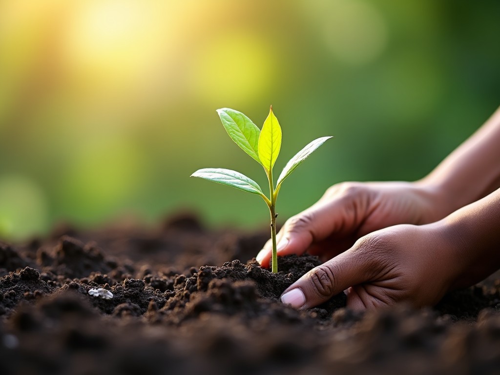 This image captures a close-up of a person’s hand gently planting a small green sapling into dark, rich soil. The vibrant green of the young plant stands out against the earthy background. Soft sunlight filters in from the upper left, suggesting warmth and growth. The background is intentionally blurred to emphasize the sapling and the act of nurturing it. The scene evokes a sense of care and responsibility towards the environment.