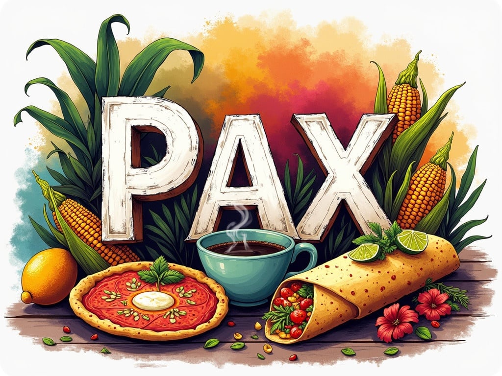 Colorful illustration features text PAX. Text is made in a graphite style. Background displays vibrant Mexican colors and illustrations of classic Mexican foods including pizza and wrap. Corn and a steaming cup of coffee sit prominently. The rustic yet colorful aesthetic of Mexican culture is captured beautifully. Dimensions are 100 cm width 65 cm height.