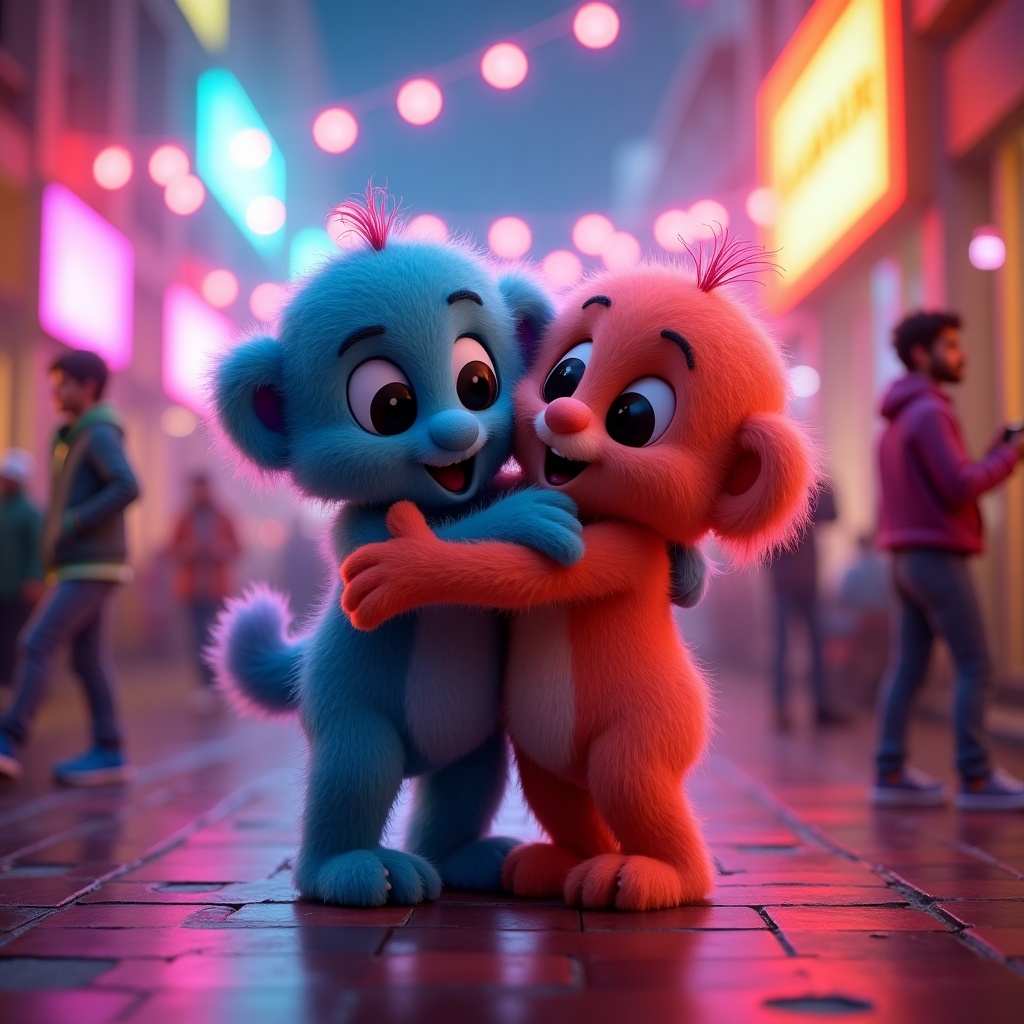 Animated characters of young rizzler figures hugging in a humorous scenario. Designed for meme coin marketing. Background features neon lights.