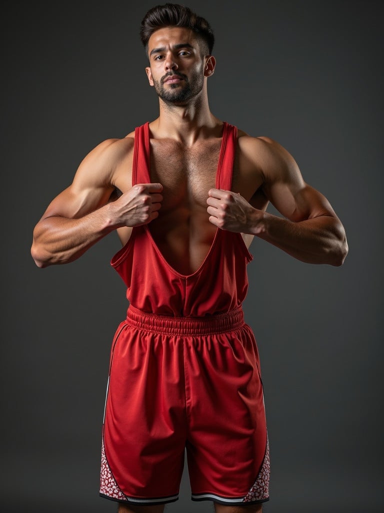 Basketball player lifts up jersey showing abs. He has an athletic build. He wears a red jersey and shorts. Background is dark. Lighting highlights the muscles. Body is positioned in a confident stance.