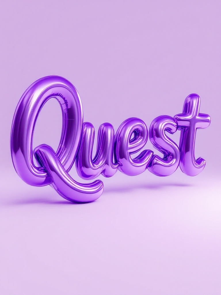 Image of the word 'Quest' featured as a vibrant purple sculpture. The sculpture has a glossy finish and playful reflections. Letters are artistically balanced with exaggerated curves. A simple background allows focus on the sculpture's contemporary aesthetic.