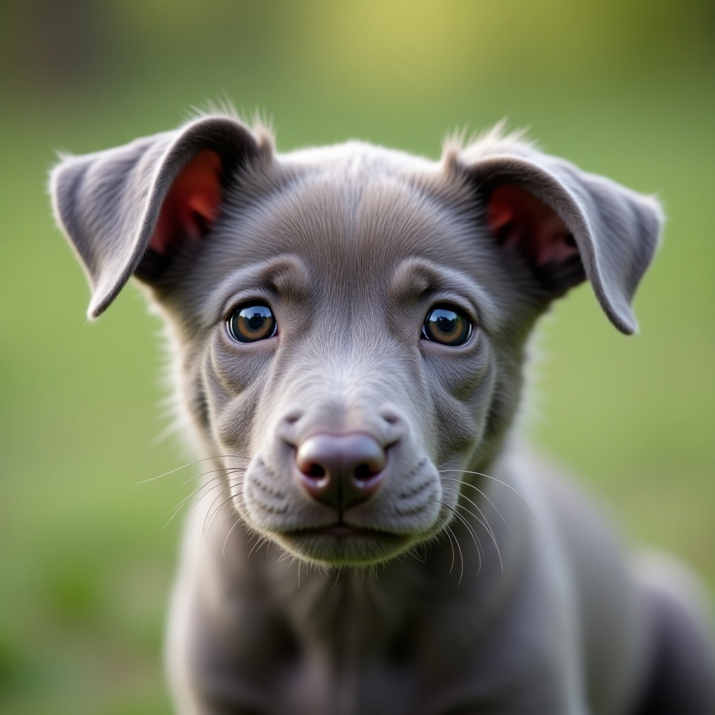 A close-up portrait of a cute gray puppy is featured, showcasing its big ears and bright, expressive eyes. The puppy looks directly at the camera, capturing the viewer's attention with its adorable expression. A blurred natural background enhances the focus on the puppy, creating a serene atmosphere. The soft lighting highlights the puppy’s features, emphasizing its gray fur. This charming image evokes feelings of warmth and affection, making it perfect for various pet-related themes.