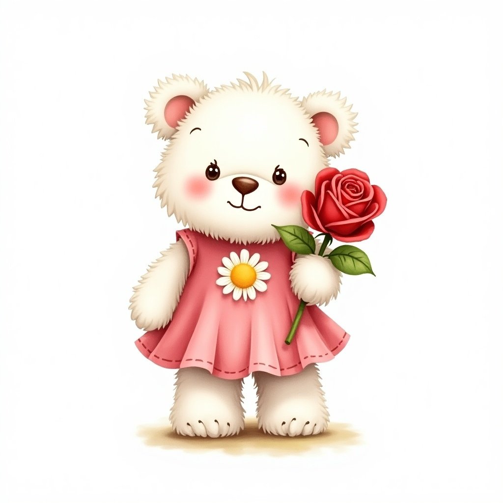 Realistic watercolor illustration of an adorable fluffy bear on a white background. Bear wears a pink dress with yellow daisy pattern. Bear fur is soft and highly detailed. Bear has a cute smile and big adorable eyes. In paw, a big red rose is carried.