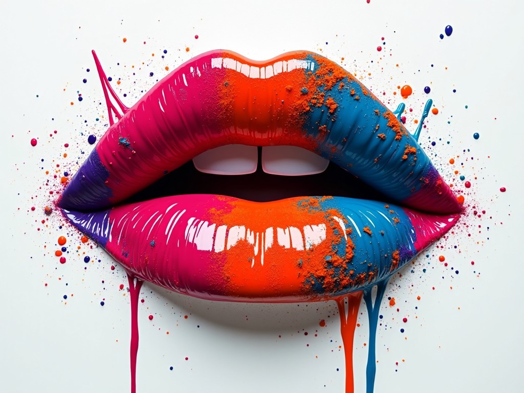 This image features a pair of oversized, glossy lips painted in vibrant colors including pink, blue, and orange. The lips are accentuated with splashes of paint surrounding them, creating a dynamic artistic effect. The background is plain white, making the colors of the lips stand out even more. This artistic piece combines elements of beauty and modern art. The contrast between the glossy lips and the splattered paint adds an exciting visual appeal.