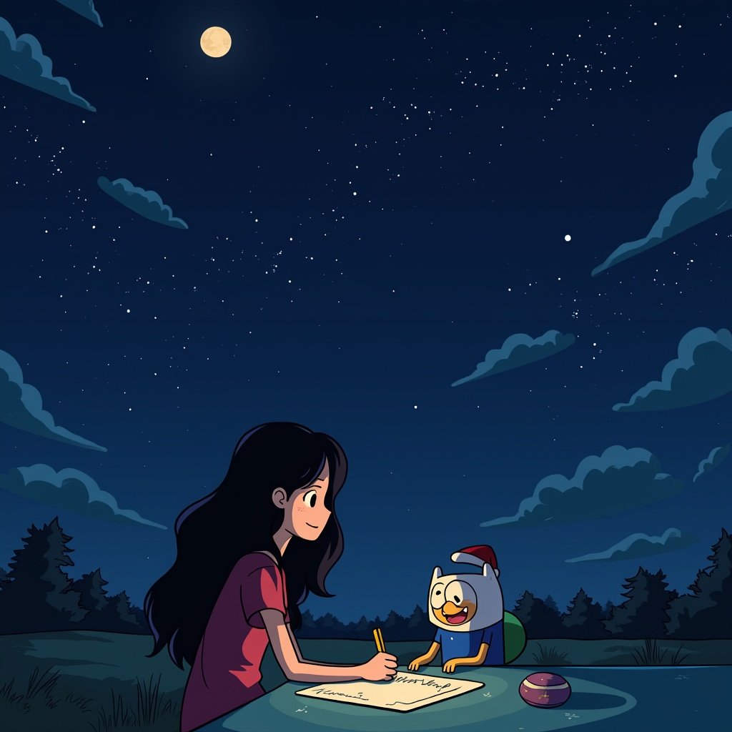 Girl with dark hair writes on paper. Cartoon character beside her. Moon shines in a clear night sky. Trees in the background. Quiet outdoor setting.