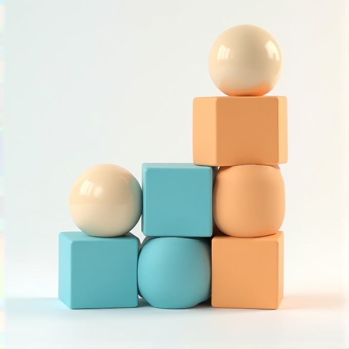 The image features a balanced arrangement of spheres and cubes in pastel colors, creating a minimalist and aesthetic geometric structure.