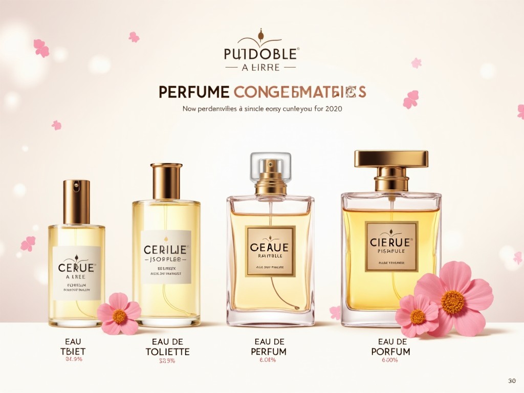 A collection of elegant perfume bottles surrounded by delicate pink petals, with branding and product names displayed.