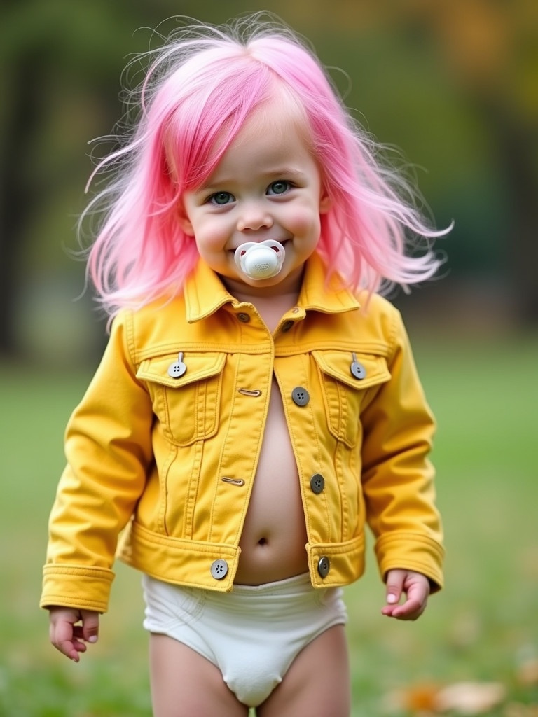 A six year old girl smiles in a park. She has long pink hair and emerald green eyes. She wears a yellow denim jacket and a diaper. It is a sunny day. She looks playful and happy while holding a pacifier.