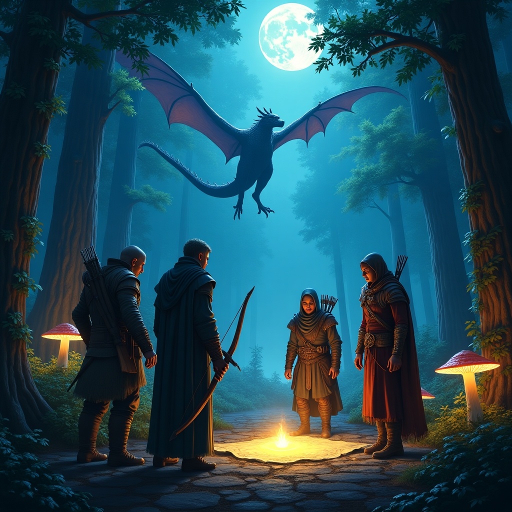 Fantasy scene with adventurers gathered around a campfire in a mystical forest. A dragon hovers above under a bright moonlight.