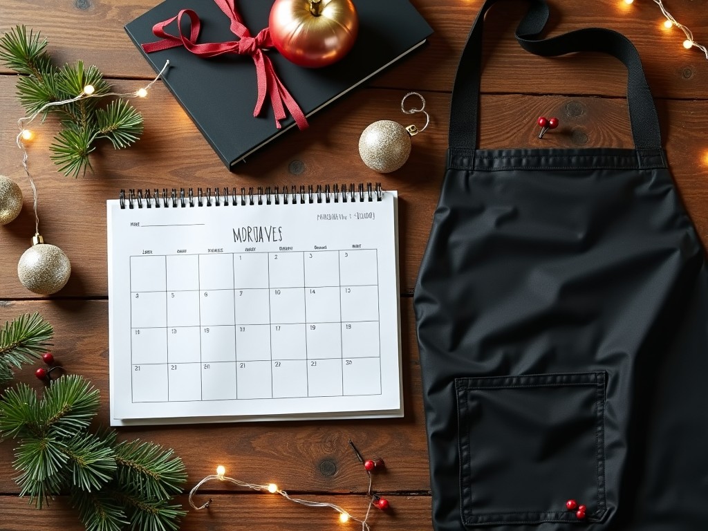 This image presents a cozy Christmas scene arranged on a rustic wooden table. It features a blank spiral-bound calendar ready to be filled, inviting planning for the holiday season. Next to it is a sleek black notebook, closed and placed stylishly to the side. Alongside are a black tote bag and a black kitchen apron, neatly folded to highlight their designs. The surroundings include festive accents such as pine branches, shiny ornaments, and twinkling fairy lights, creating a warm and inviting holiday atmosphere.