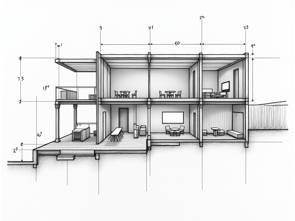 This image is a detailed architectural section drawing of a two-story building. It features a variety of spaces including a living area, kitchen, and bathrooms, clearly marked with measurements. The sectional view highlights the layout while utilizing different line weights to indicate depth. Thicker lines depict closer elements, while thinner lines represent those further away. Notable details include windows, doors, and interior furnishings such as tables and cabinets. The staircase illustrating the connection between floors adds to the spatial representation.