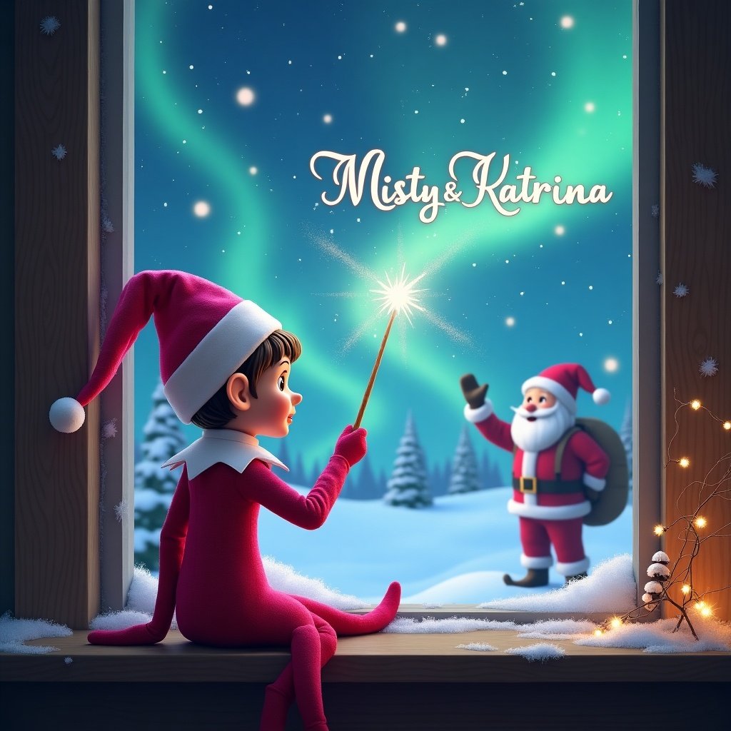 Pink elf on the shelf with back facing viewer. Elf using wand to write Misty & Katrina in sparkling sky. Magical Christmas scene with northern lights and Santa Claus in background.