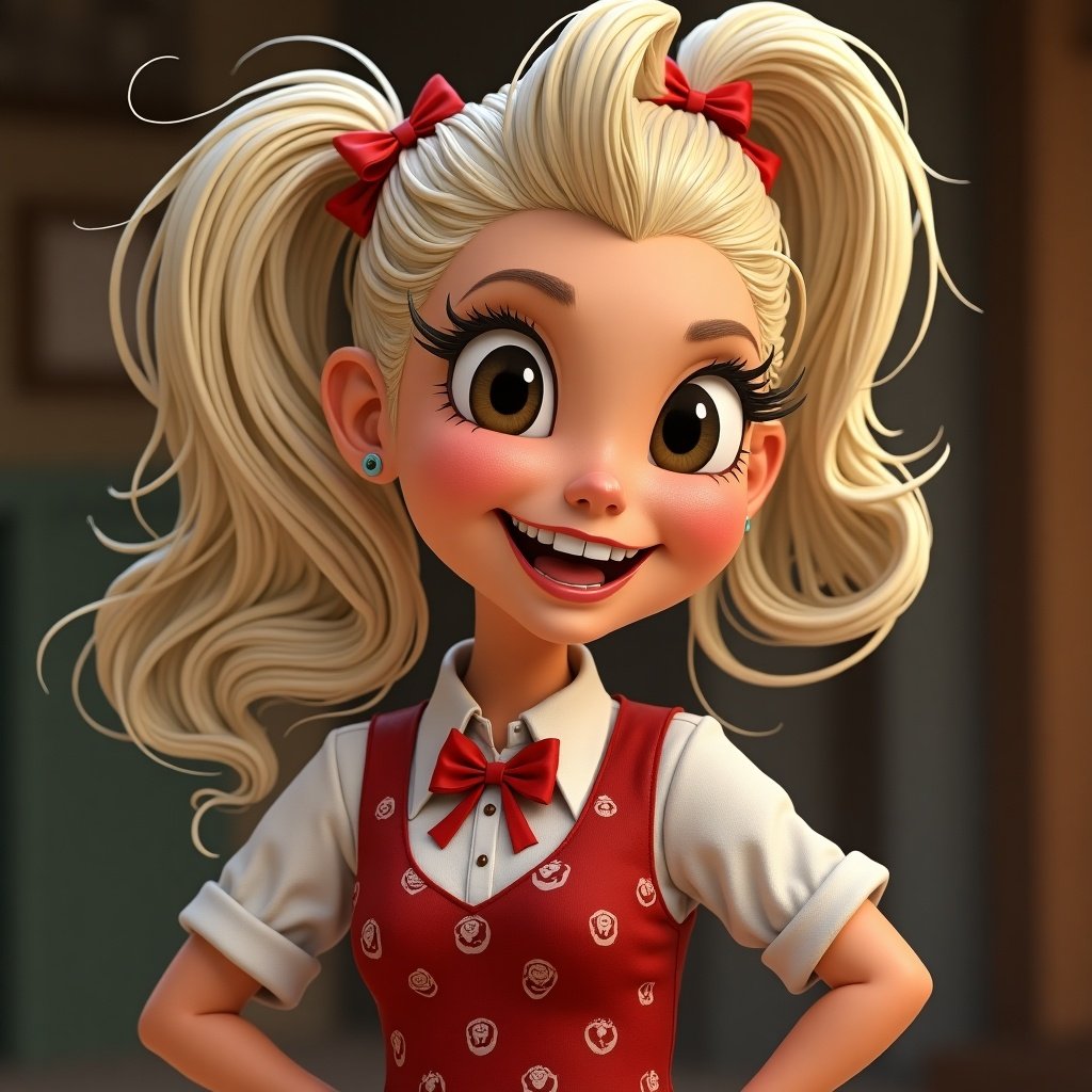 Cindy Lou Who cartoon character with playful hairstyle. Featuring cash and grills. Colorful outfit with bows.