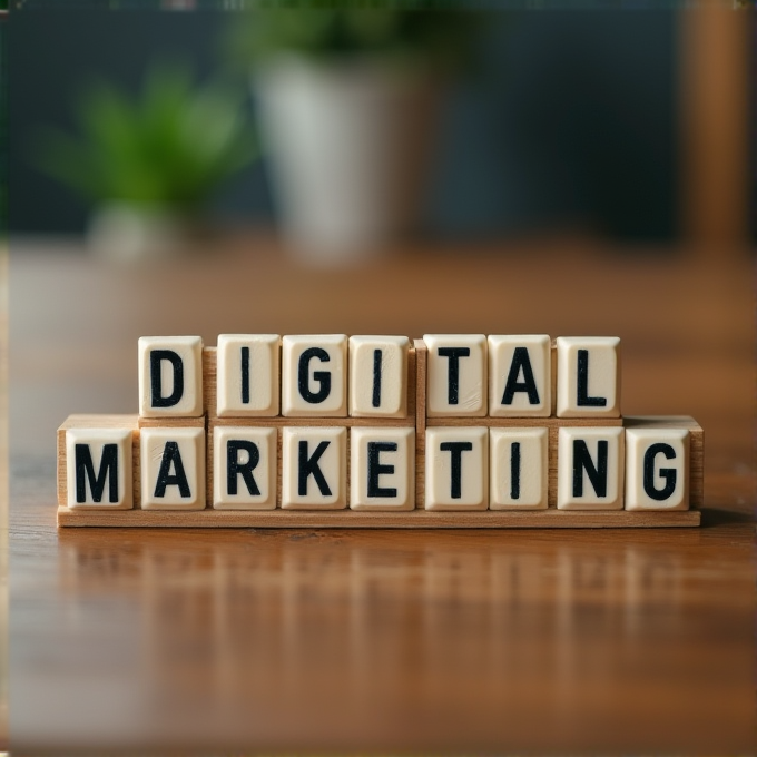 Wooden letter blocks spelling 'DIGITAL MARKETING' are neatly arranged on a wooden surface against a blurred background.