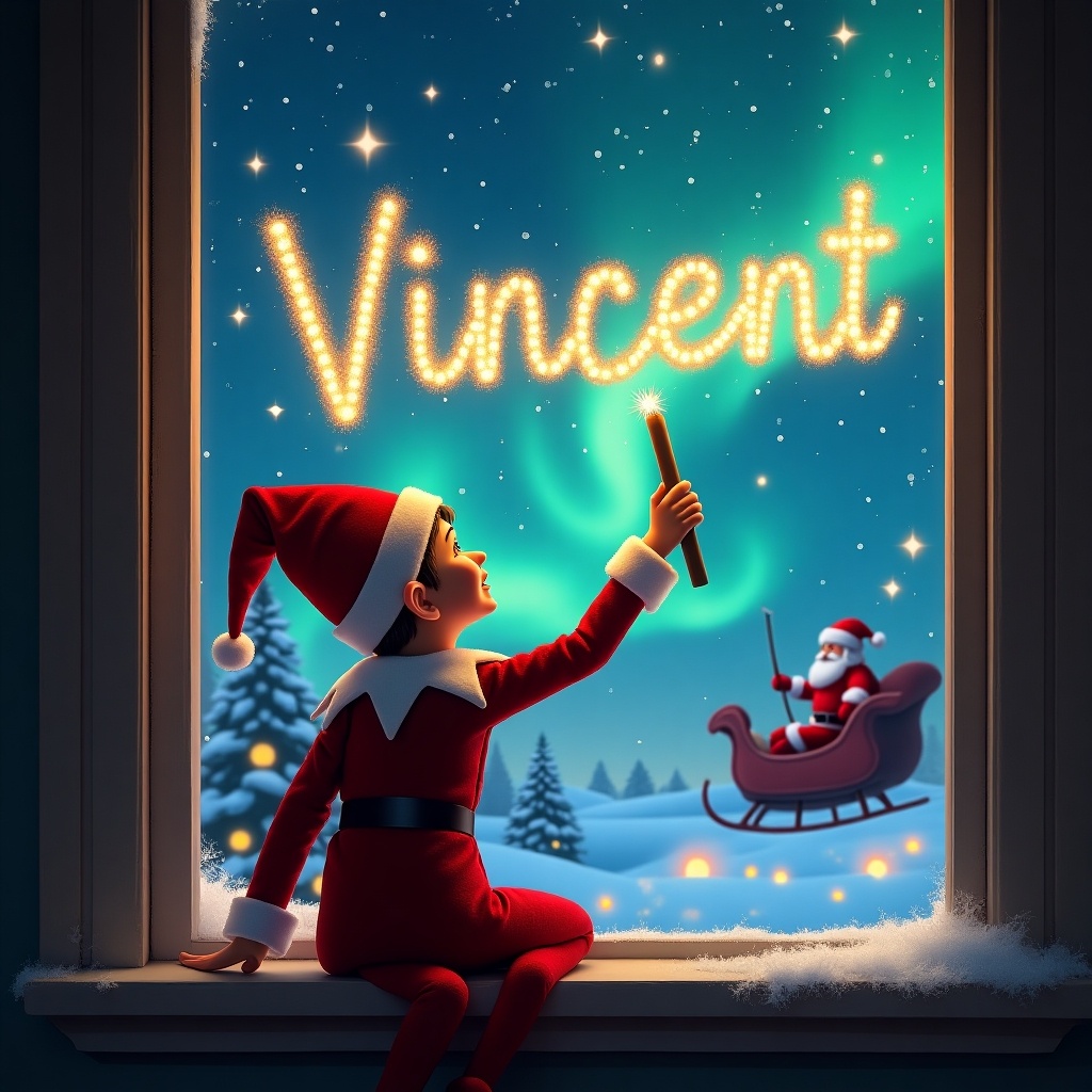 The image features an enchanting Christmas scene. An elf sits on a window ledge, back to the viewer. Using a wand, he writes the name 'Vincent' in shimmering lights. The background showcases colorful northern lights and a snowy landscape. In the distance, Santa Claus is seen in his sleigh, enhancing the festive spirit.