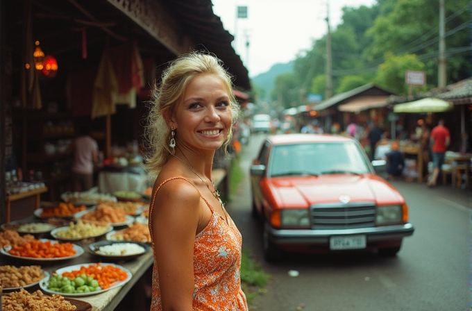 A woman in a patterned orange dress stands smiling at an outdoor market with bowls of colorful produce, along a street lined with stalls and a vintage red car.