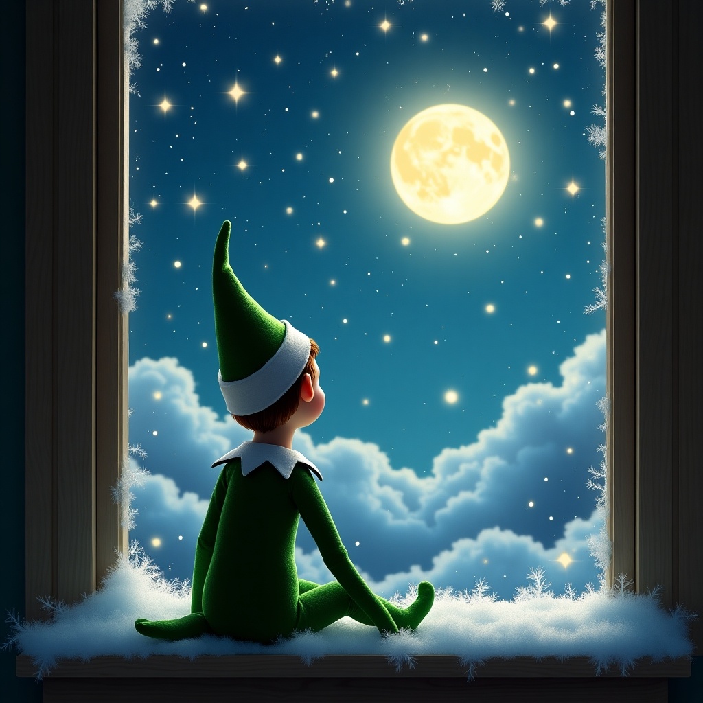 An elf on the shelf sits by a window. The elf gazes at a magical night sky. Stars twinkle and a glowing moon shines. The elf wears green attire and a pointed hat. Fluffy clouds are visible. Snow surrounds the elf. The scene captures holiday magic and joy.