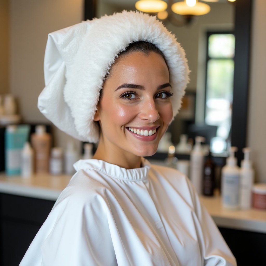 A cheerful lady wearing a shampoo cape smiles brightly in a beautifully designed beauty salon. She sports a fluffy white head cover, indicating she's ready for a hair treatment. The salon has a modern and clean aesthetic, adorned with various hair and beauty products in the background. Soft, natural light enhances her radiant expression while the overall setting communicates a sense of luxury and comfort. This image conveys relaxation and self-care as a vital part of beauty routines.