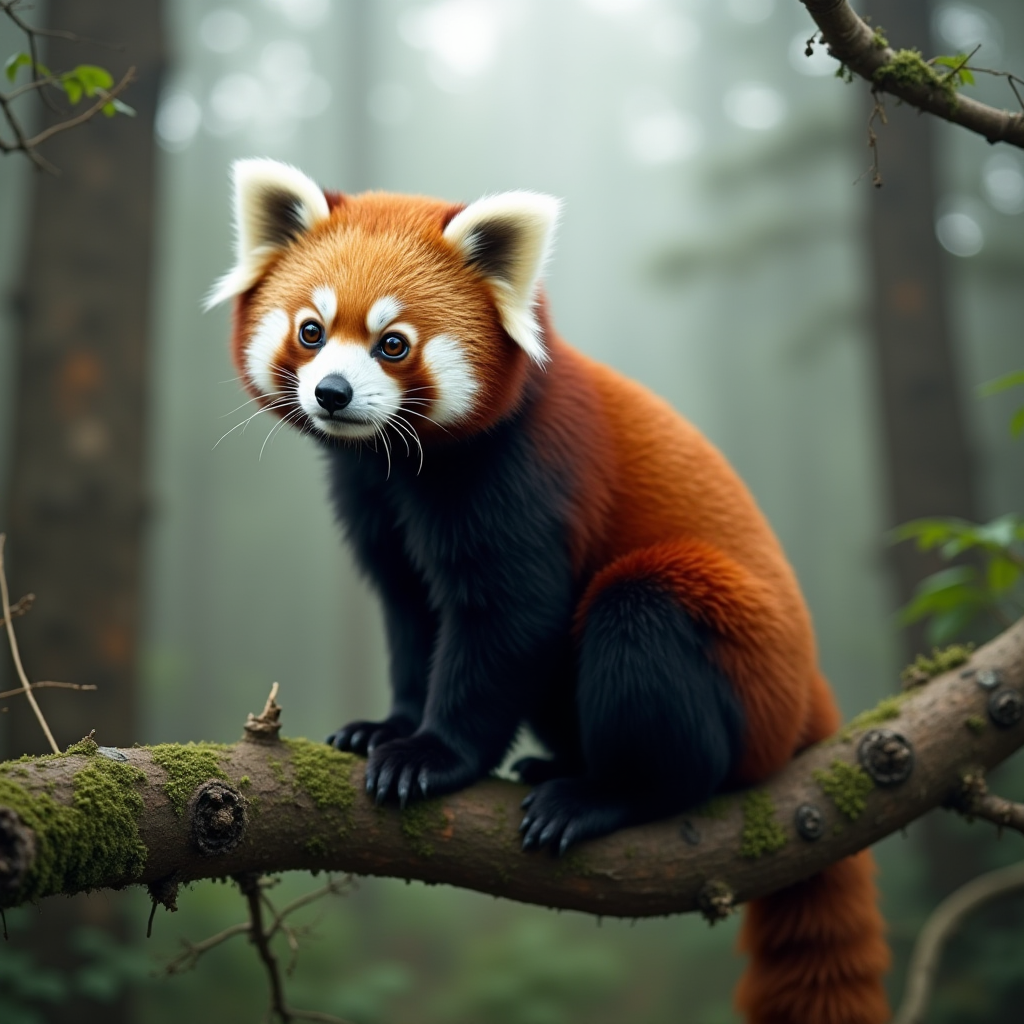 A red panda sits on a branch surrounded by a misty forest.