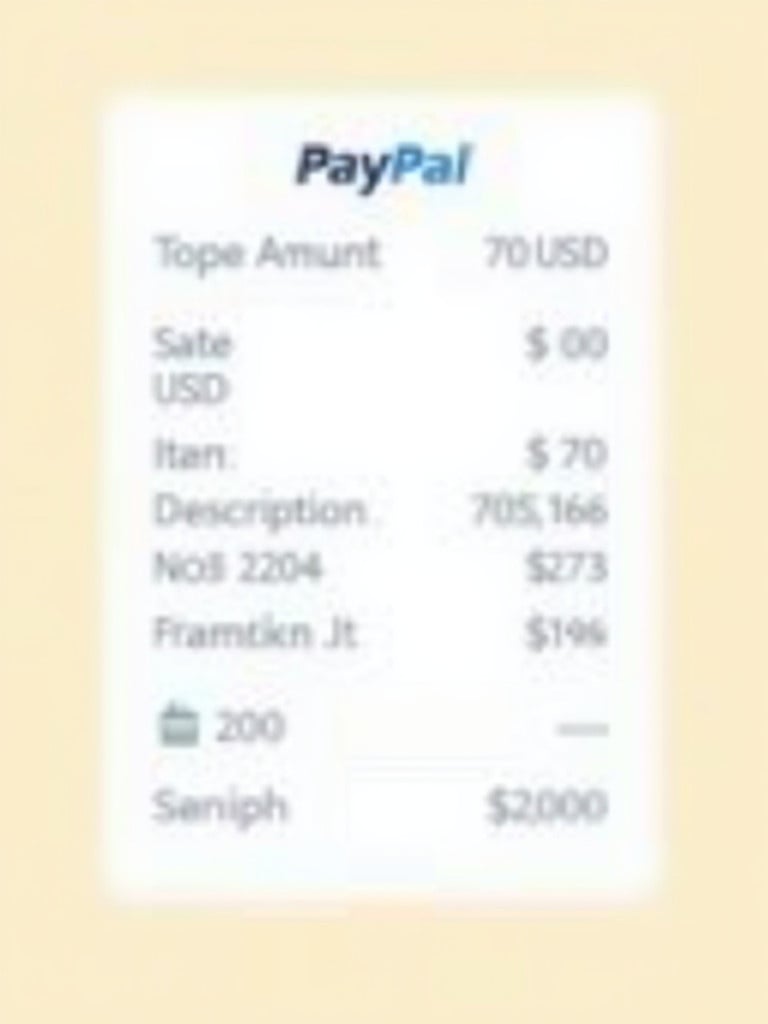 Illustration depicts a PayPal transaction receipt. Payment amount is 70 USD. Transaction details include date item description and transaction ID. The design features a clear layout of the PayPal receipt.