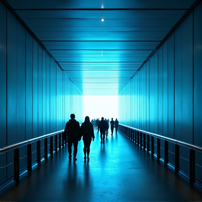 Silhouetted people walk through a blue-lit tunnel towards a bright exit.