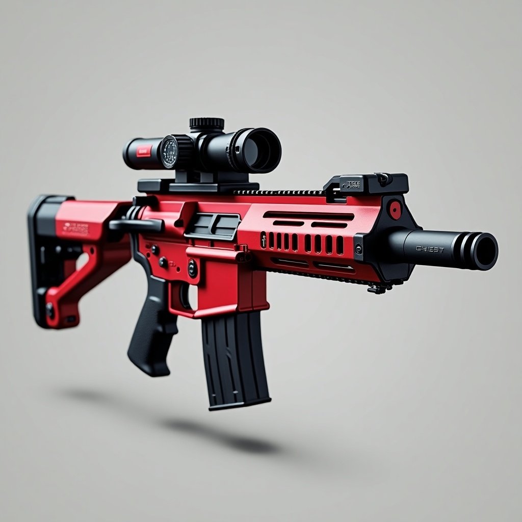 Image showcases a modern rifle in red and black. The rifle has a precision scope and tactical design. Background is neutral. The focus is on the rifle itself. Suitable for promotional and enthusiast content.