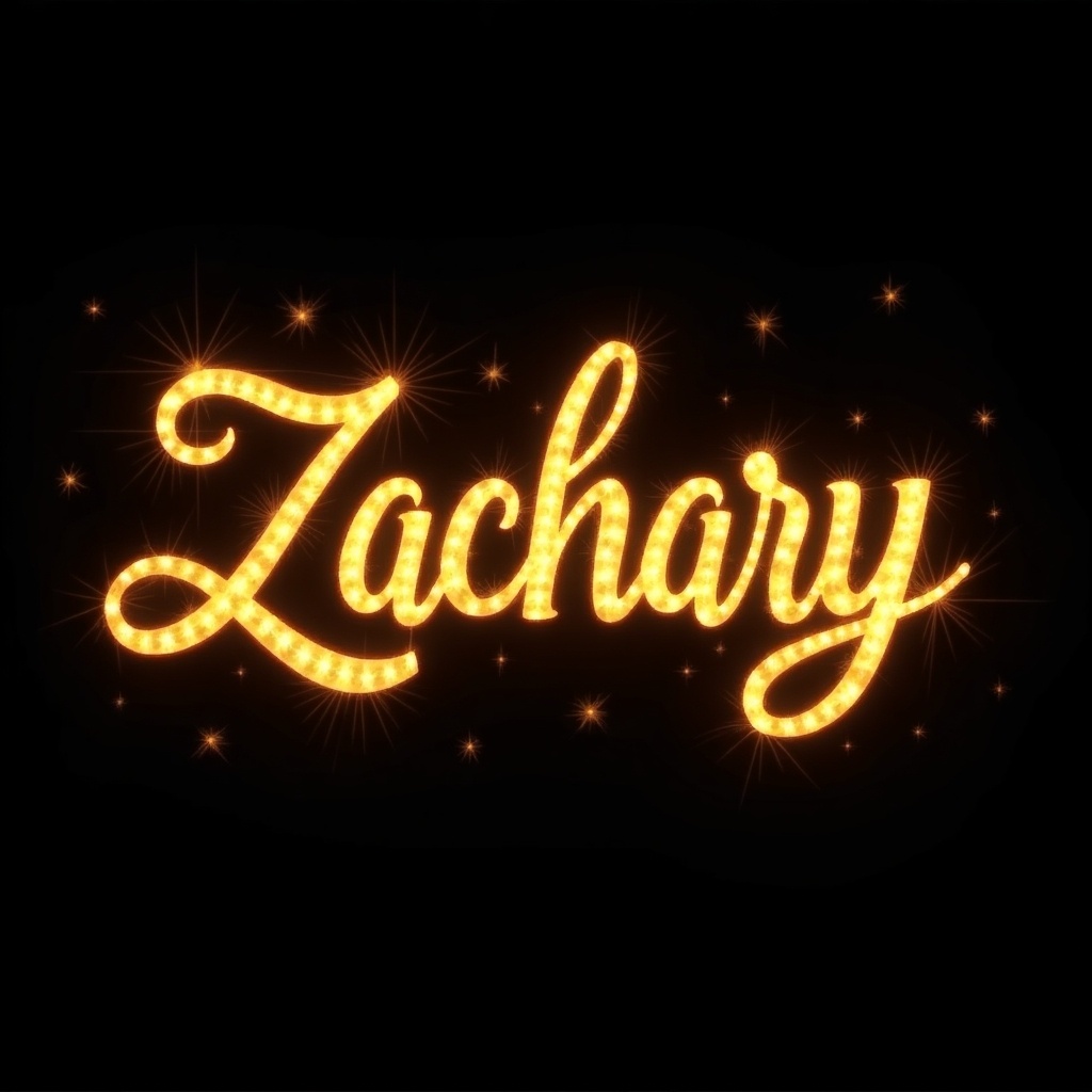 The image features the name 'Zachary' elegantly written in swirly gold letters. It glows vividly against a dark background, creating a striking visual appeal. Surrounding the name are sparkles, enhancing its luminescent effect. This design embodies sophistication and could be perfect for various personalized items. Its eye-catching style makes it suitable for decorative artwork and invitations.