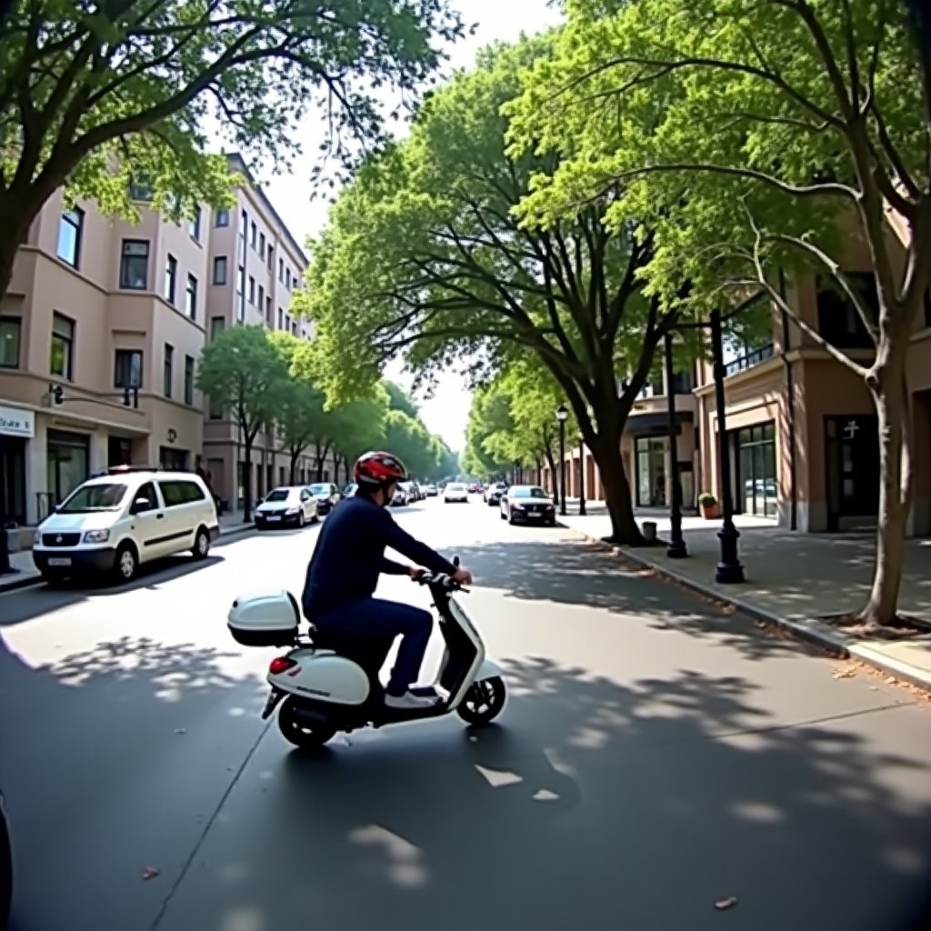 Scene captures a person riding a scooter on a city street. The rider appears to be in motion approaching a tree. Bright daytime setting with city buildings in the background. The atmosphere suggests a potential accident scenario.