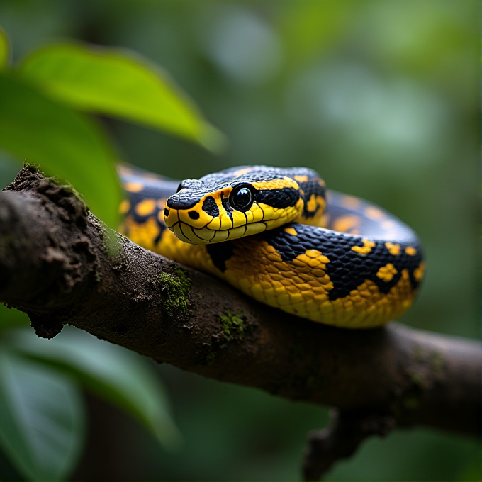 A brightly colored snake is coiled on a tree branch surrounded by lush greenery.