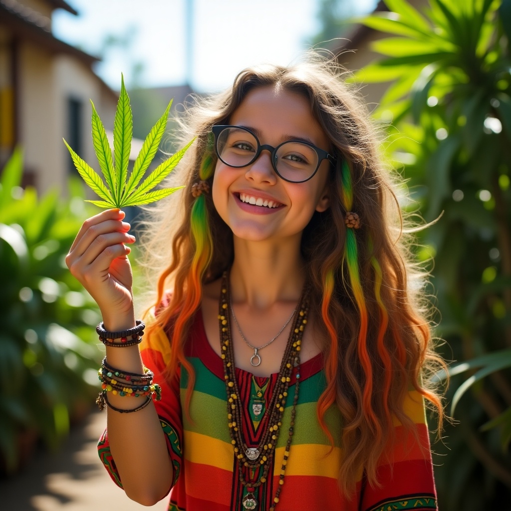 Rastafarian girl holding marijuana leaf in hand. Vibrant colors and lush green background.